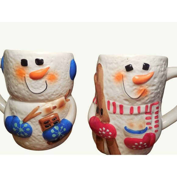 Vintage Snowman Ceramic Hot Chocolate Mugs Set Of 2 - Picture 3 of 8